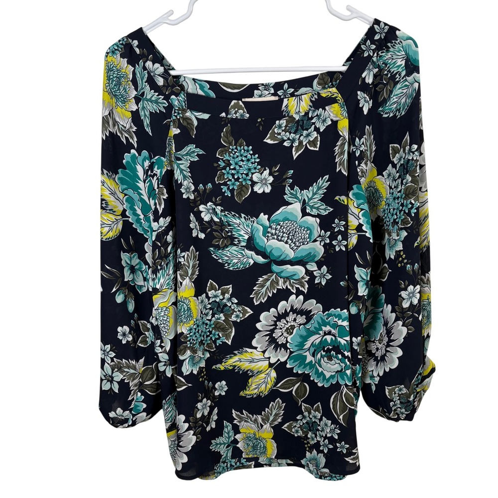 LOFT Outlet Floral Blouse Size M Navy Teal Square Neck 3/4‎ Sleeve Office Career